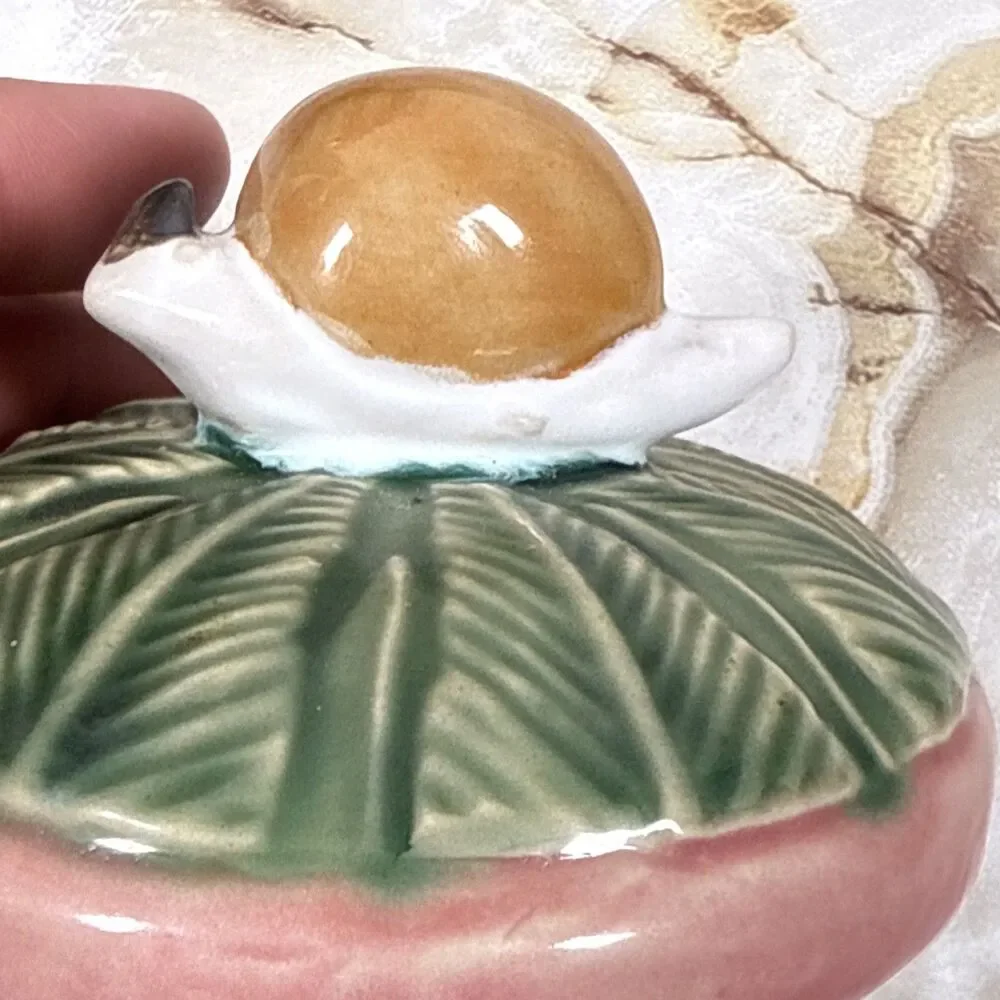 Nouveau Majolica Teapot Pink with Green Leaves Snail on Lid